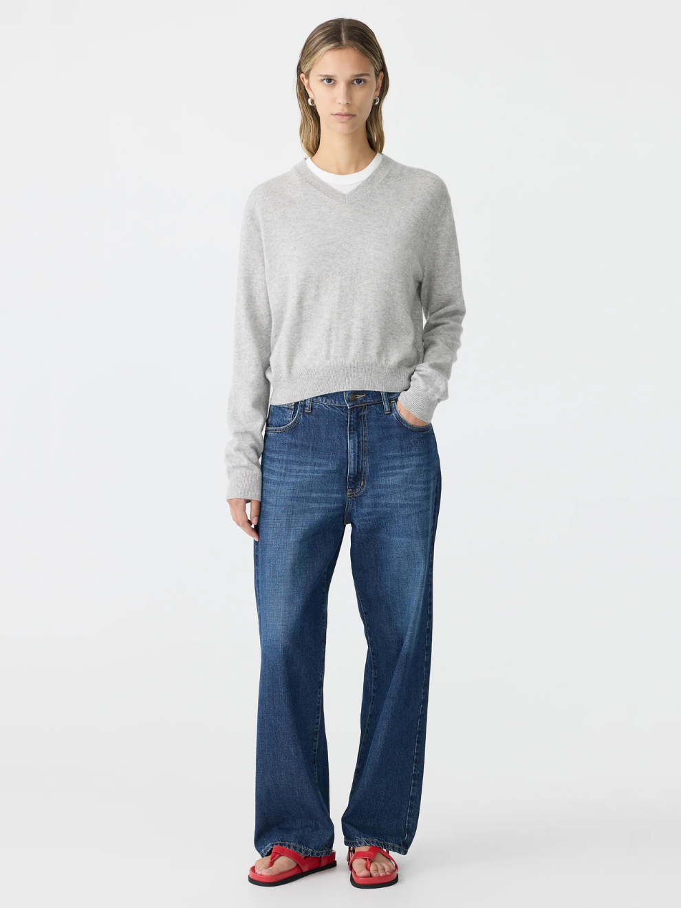 Wool Cashmere V Neck Knit in Grey Marl