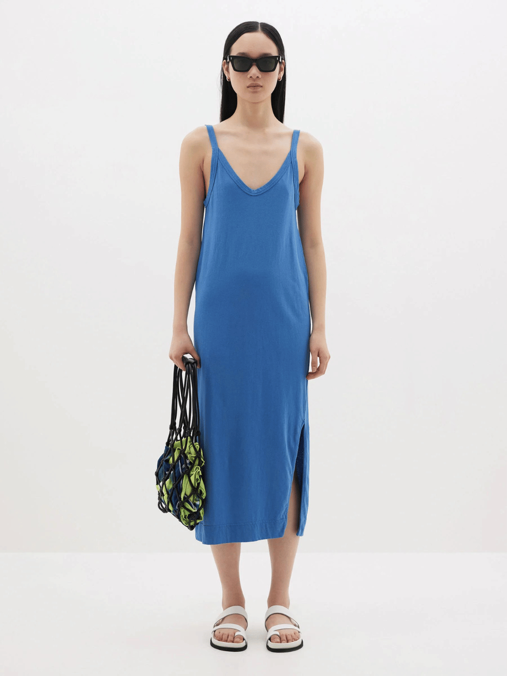 V Neck Jersey Slip Dress in Dutch Blue