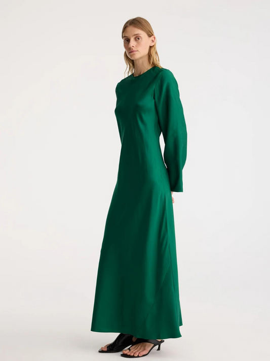 Minimal Wide Sleeved Silk Dress in Emerald