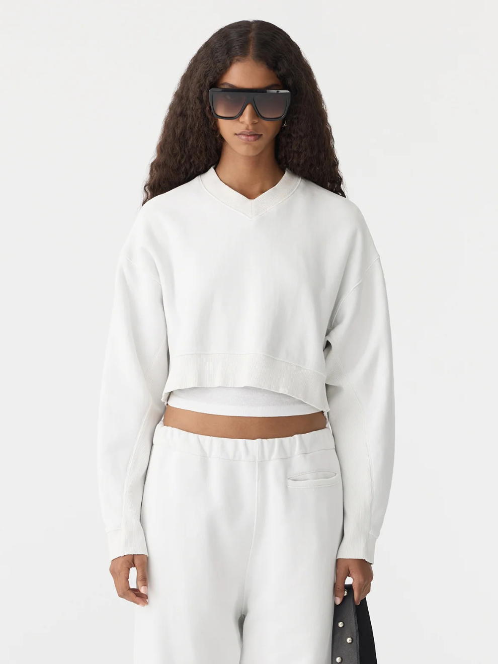 Boxy Cropped V Neck Sweat in Antique White