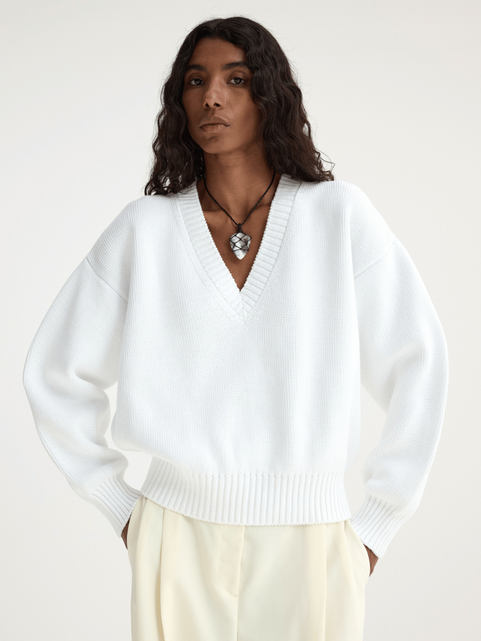 PRE-ORDER V-Neck Knitted Jumper in Optic White