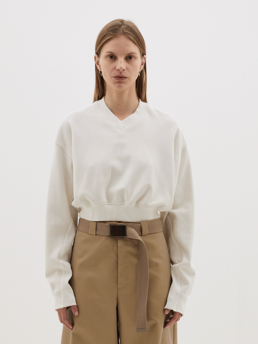 Boxy Cropped V Neck Sweat in Antique White