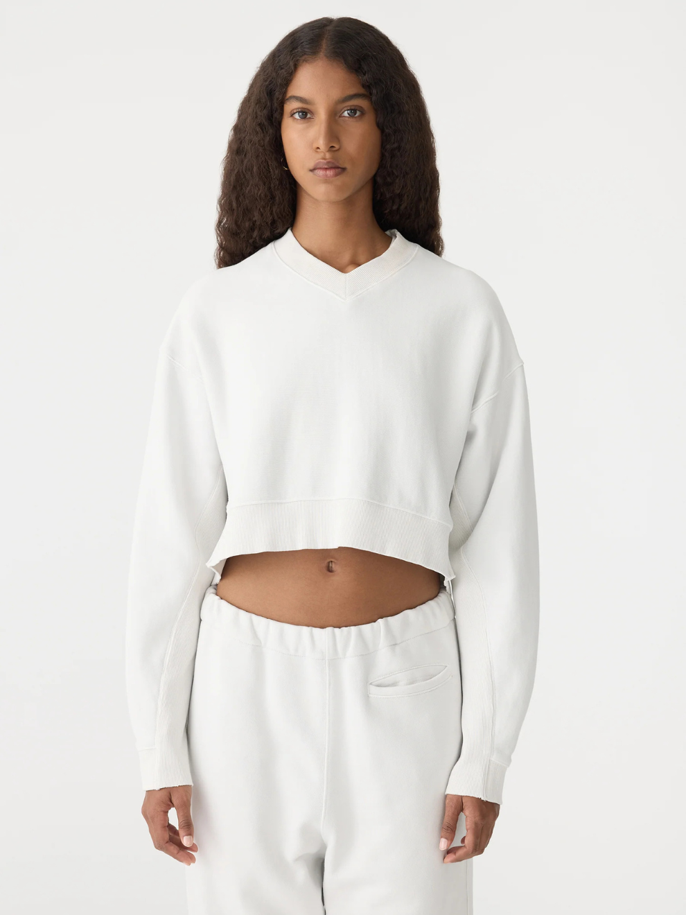 Boxy Cropped V Neck Sweat in Antique White