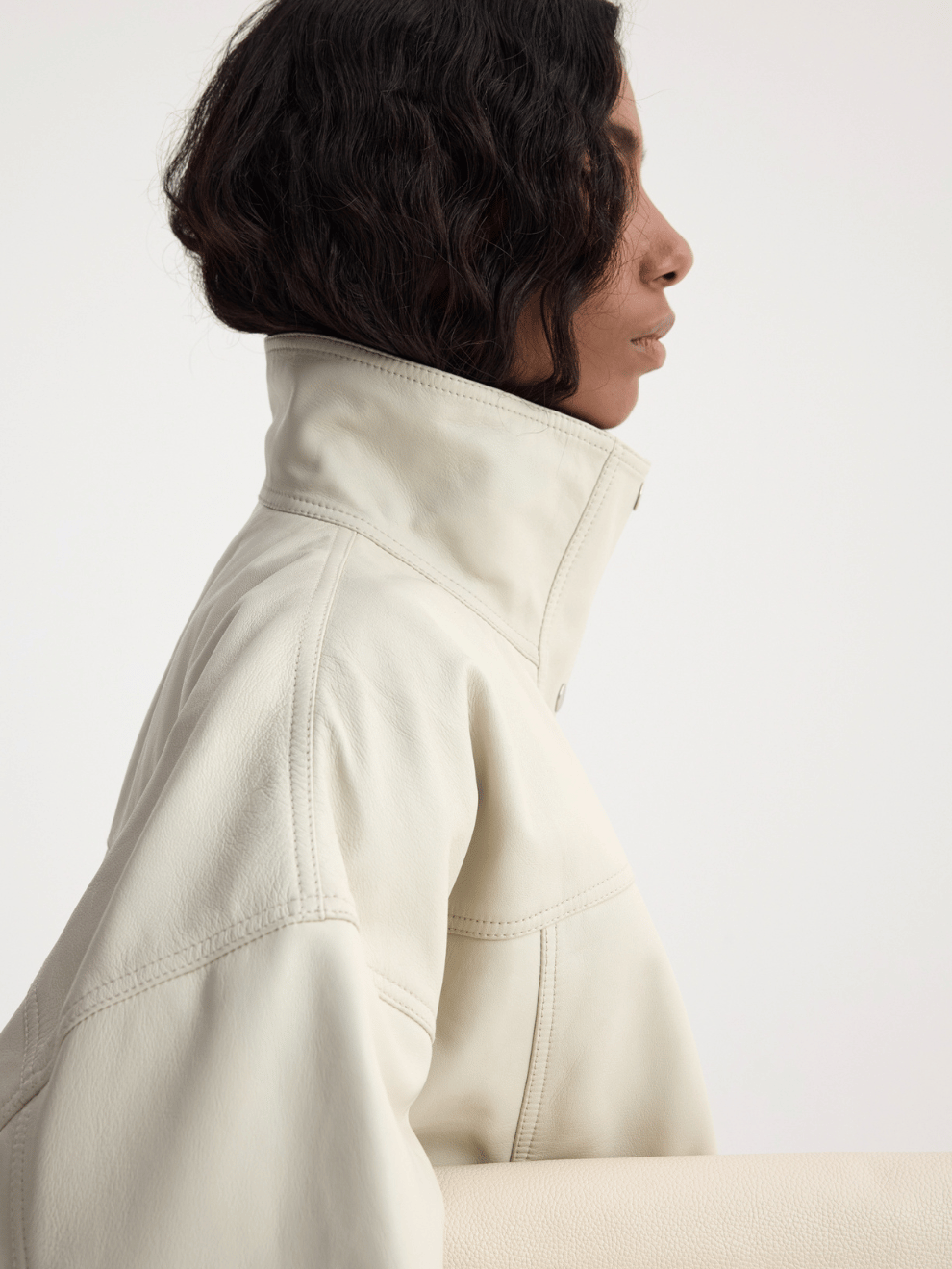 PRE-ORDER Leather Bomber Jacket in Chalk