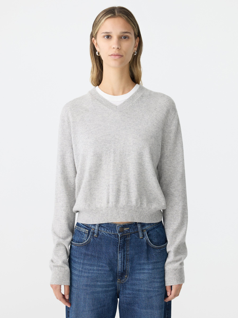 Wool Cashmere V Neck Knit in Grey Marl