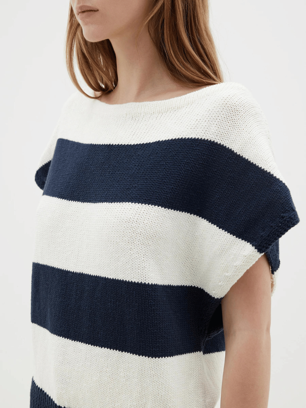 Boatneck Cap Sleeve Knit in Ink/Natural Stripe