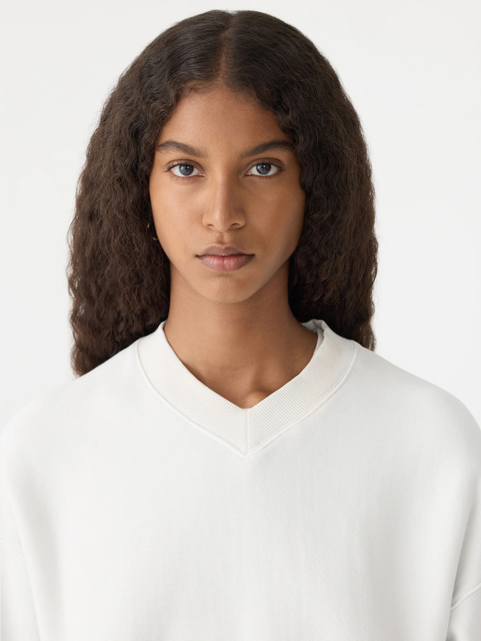 Boxy Cropped V Neck Sweat in Antique White
