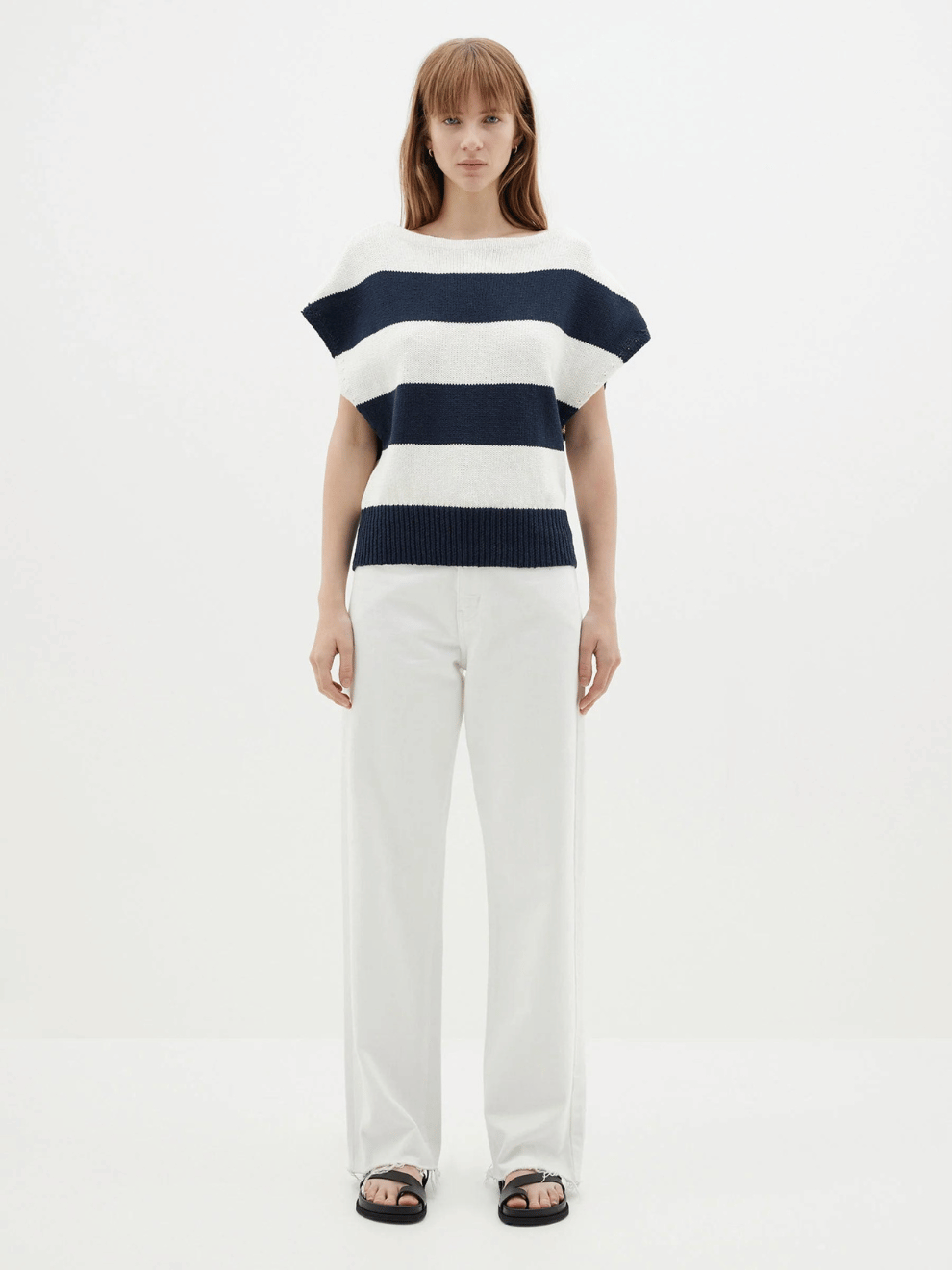 Boatneck Cap Sleeve Knit in Ink/Natural Stripe