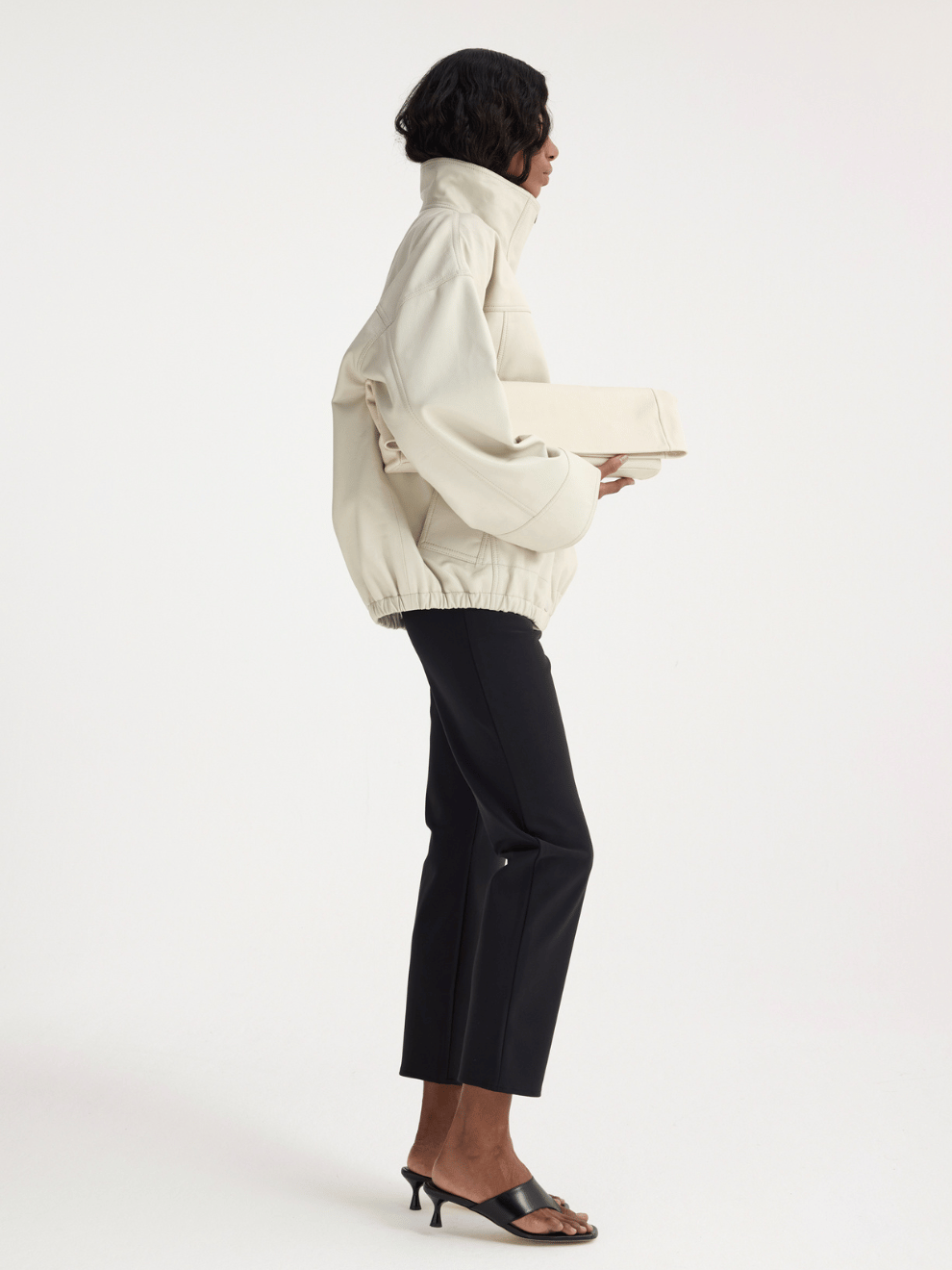 PRE-ORDER Leather Bomber Jacket in Chalk