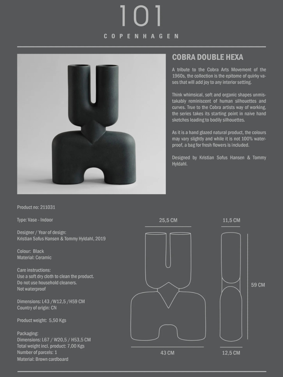 PRE-ORDER Cobra Double Hexa Tall Vase in Black
