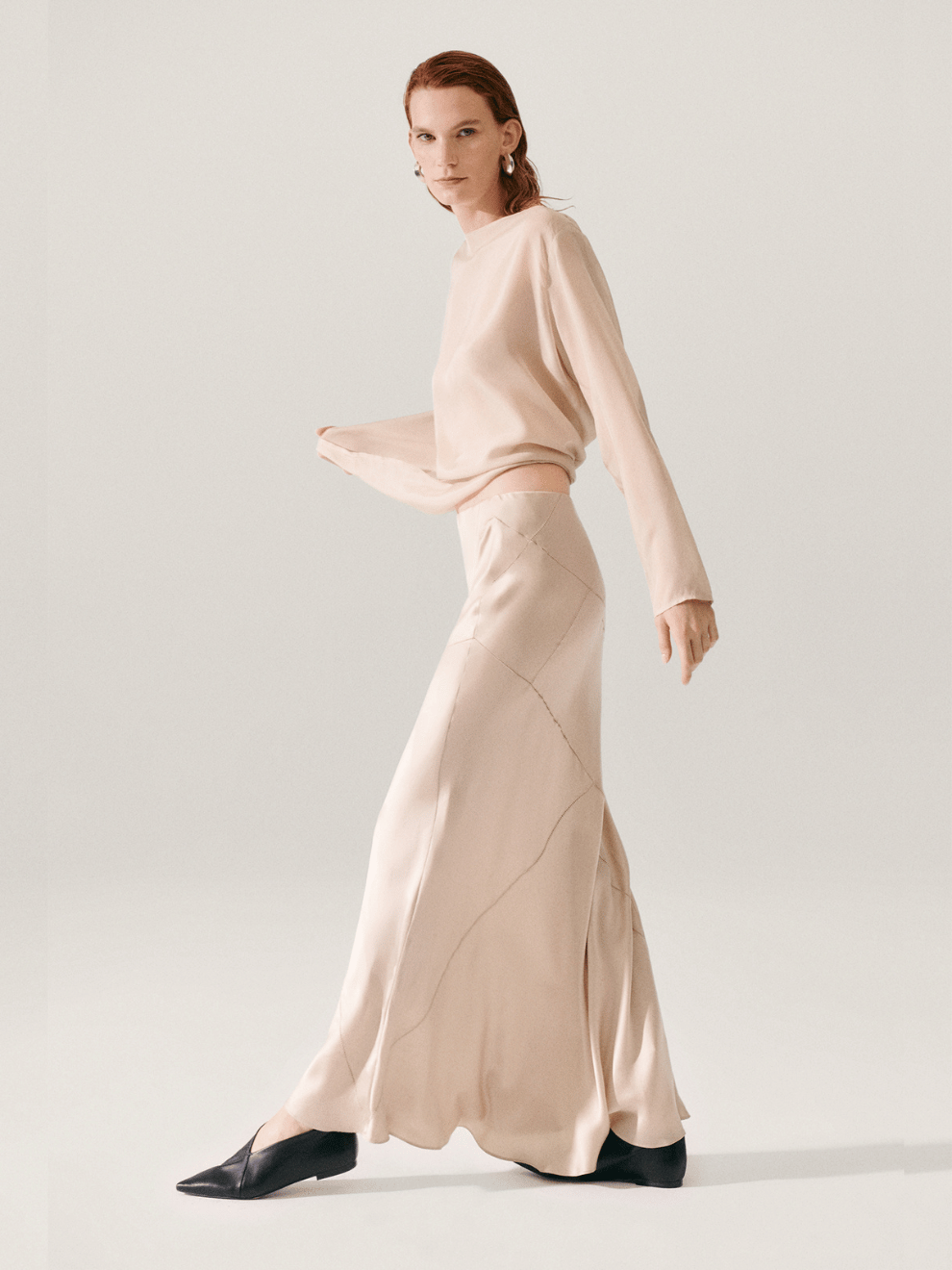 Splice Long Bias Cut Skirt in Hazelnut