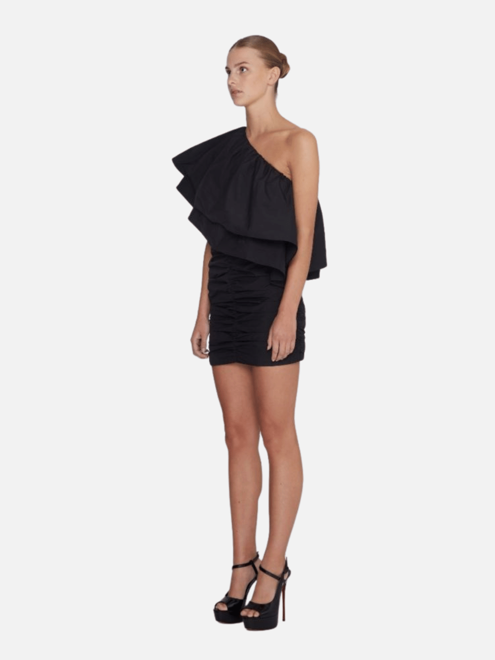 Taft Pleated One-Shoulder Dress in Black