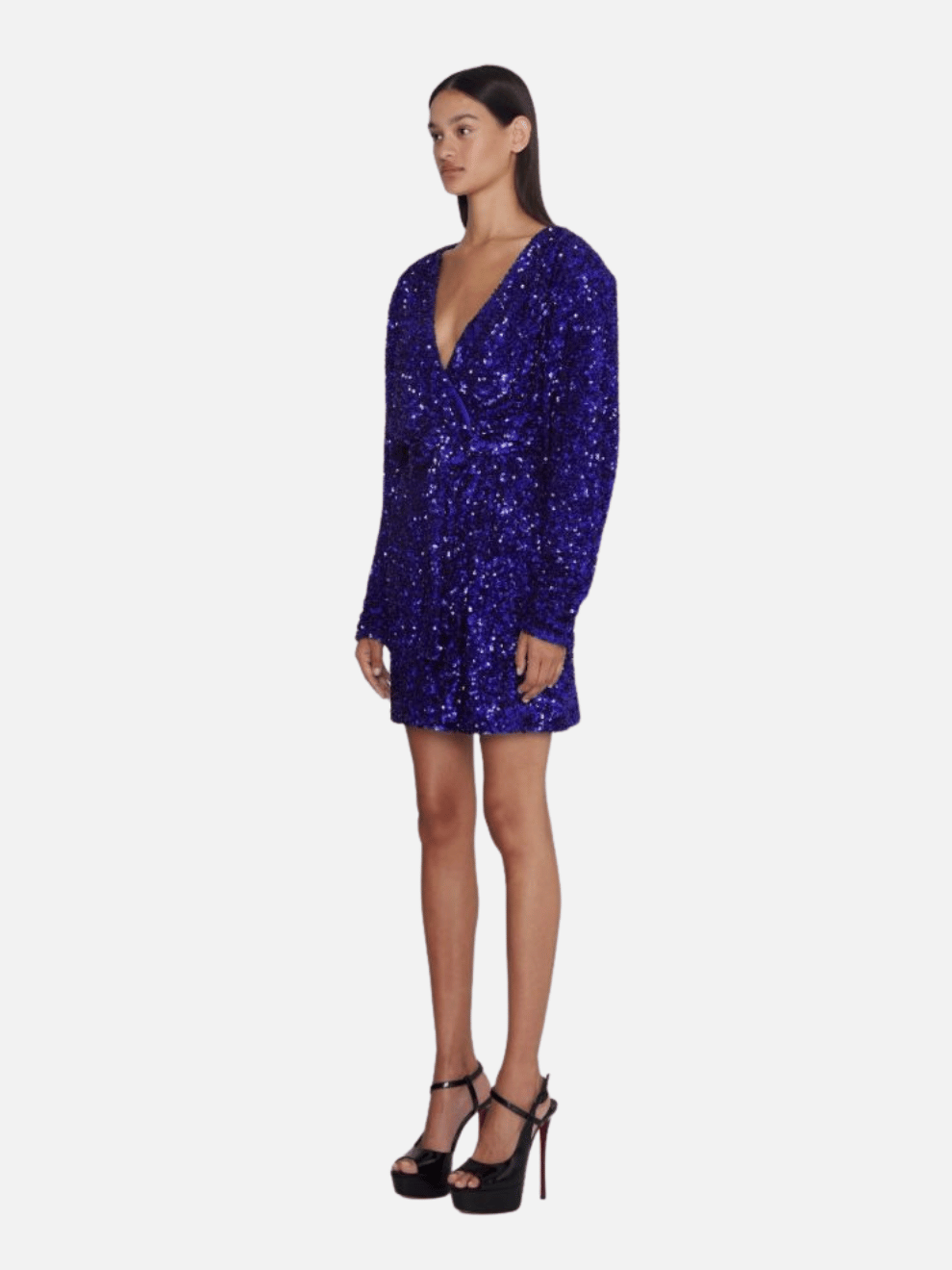 Samantha Sequin Wide Shoulder Wrap Dress in Blue Iris