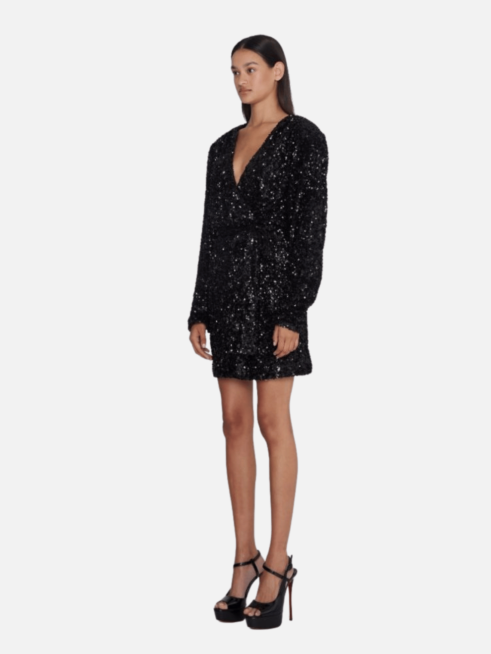 Samantha Sequin Wide Shoulder Wrap Dress in Black