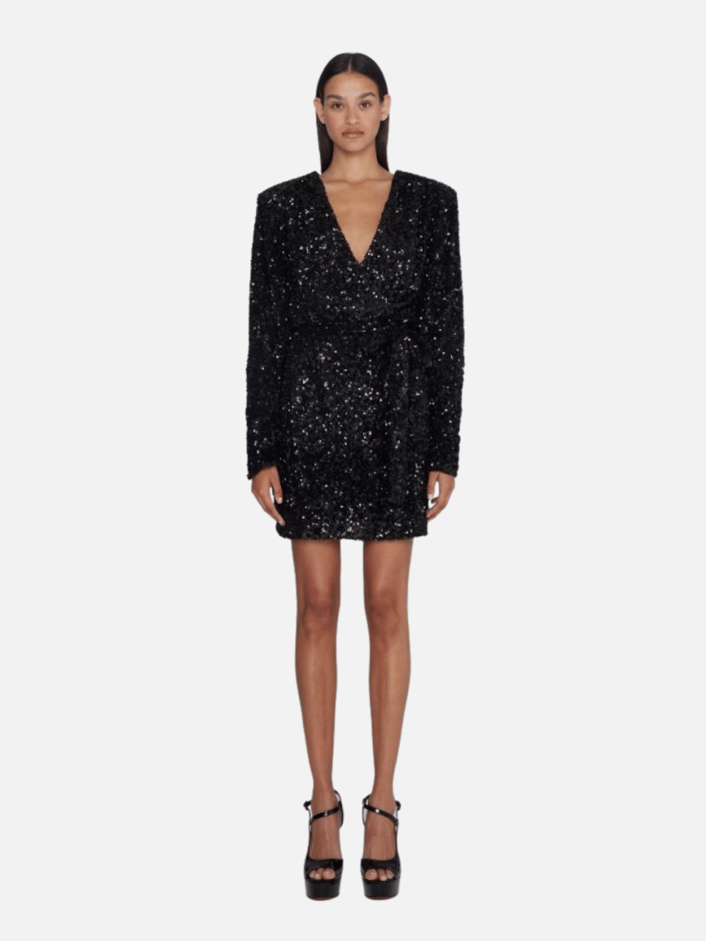 Samantha Sequin Wide Shoulder Wrap Dress in Black
