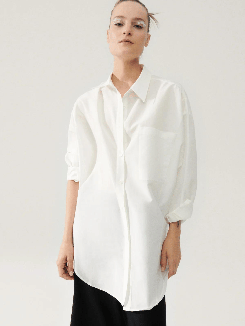 Cotton Silk Round Shirt in White