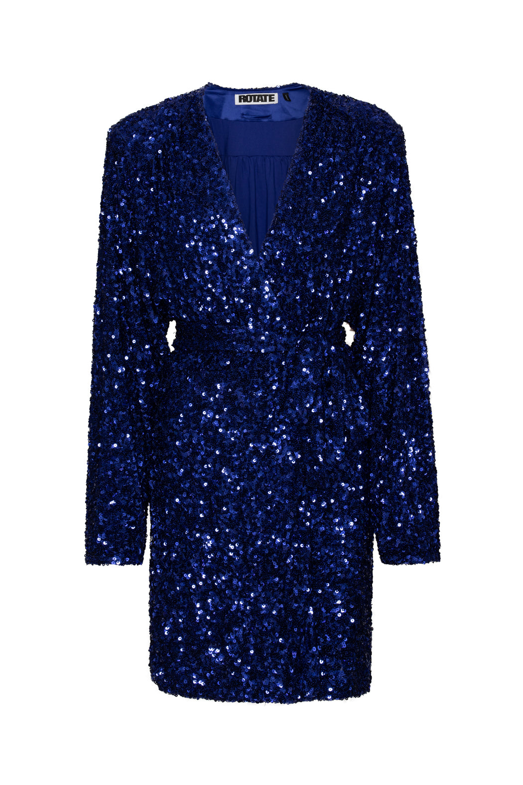 Samantha Sequin Wide Shoulder Wrap Dress in Blue Iris