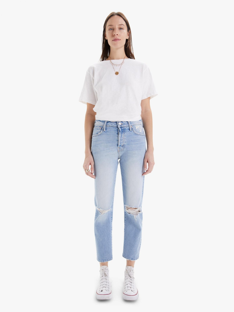 MOTHER denim jeans. Model front view The Scrapper Ankle in Bless you Again blue with rips