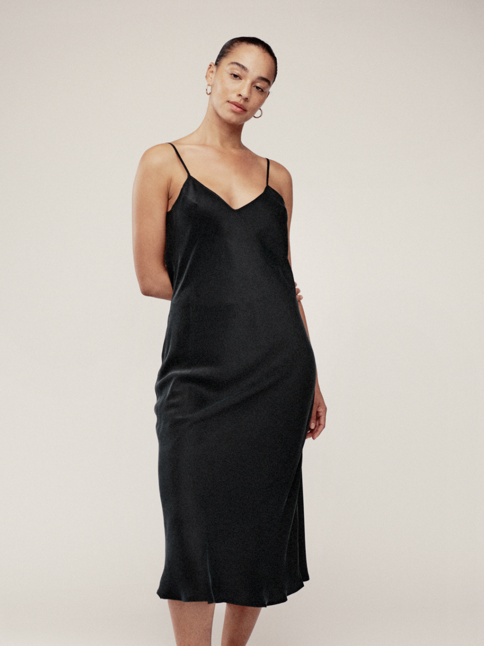 Front View of Black 90s Slip Dress Midi Bias Cut by Silk Laundry