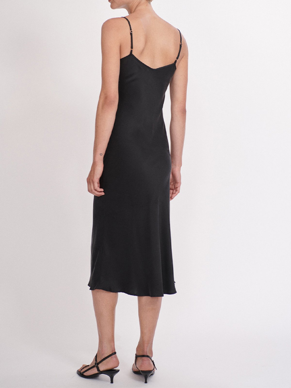 Back view of Black 90s Slip Dress Midi Bias Cut by Silk Laundry