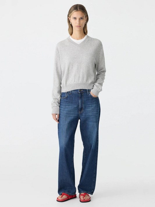 Wool Cashmere V Neck Knit in Grey Marl