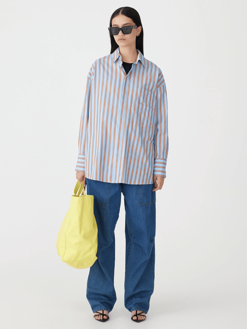 Stripe Boyfriend Shirt in Blue Brown and White