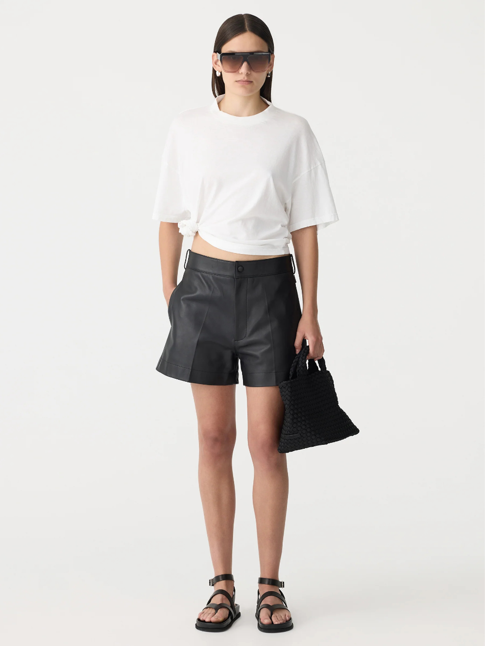 Pleated Mini Short in Black Leather