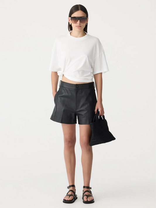 Pleated Mini Short in Black Leather