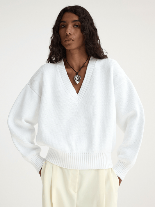 PRE-ORDER V-Neck Knitted Jumper in Optic White