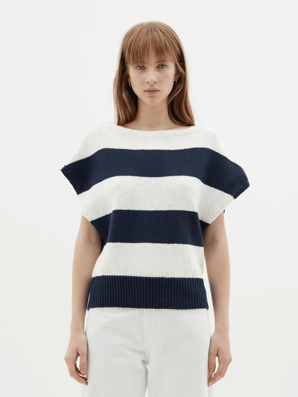 Boatneck Cap Sleeve Knit in Ink/Natural Stripe