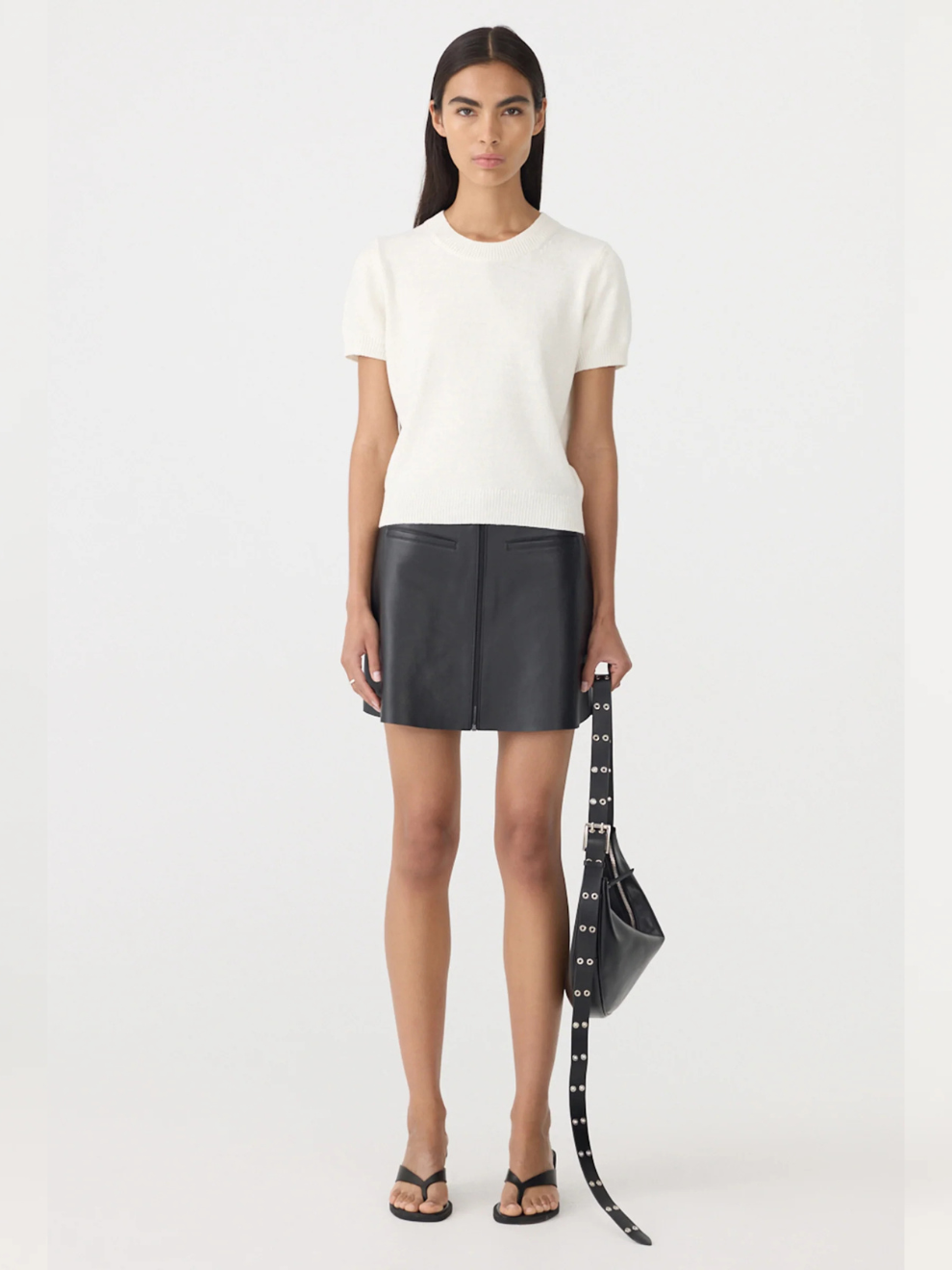 Cotton Linen Slim Short Sleeve Knit in White