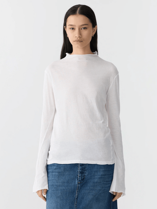 Regular Raised Neck Long Sleeve  T-Shirt in White