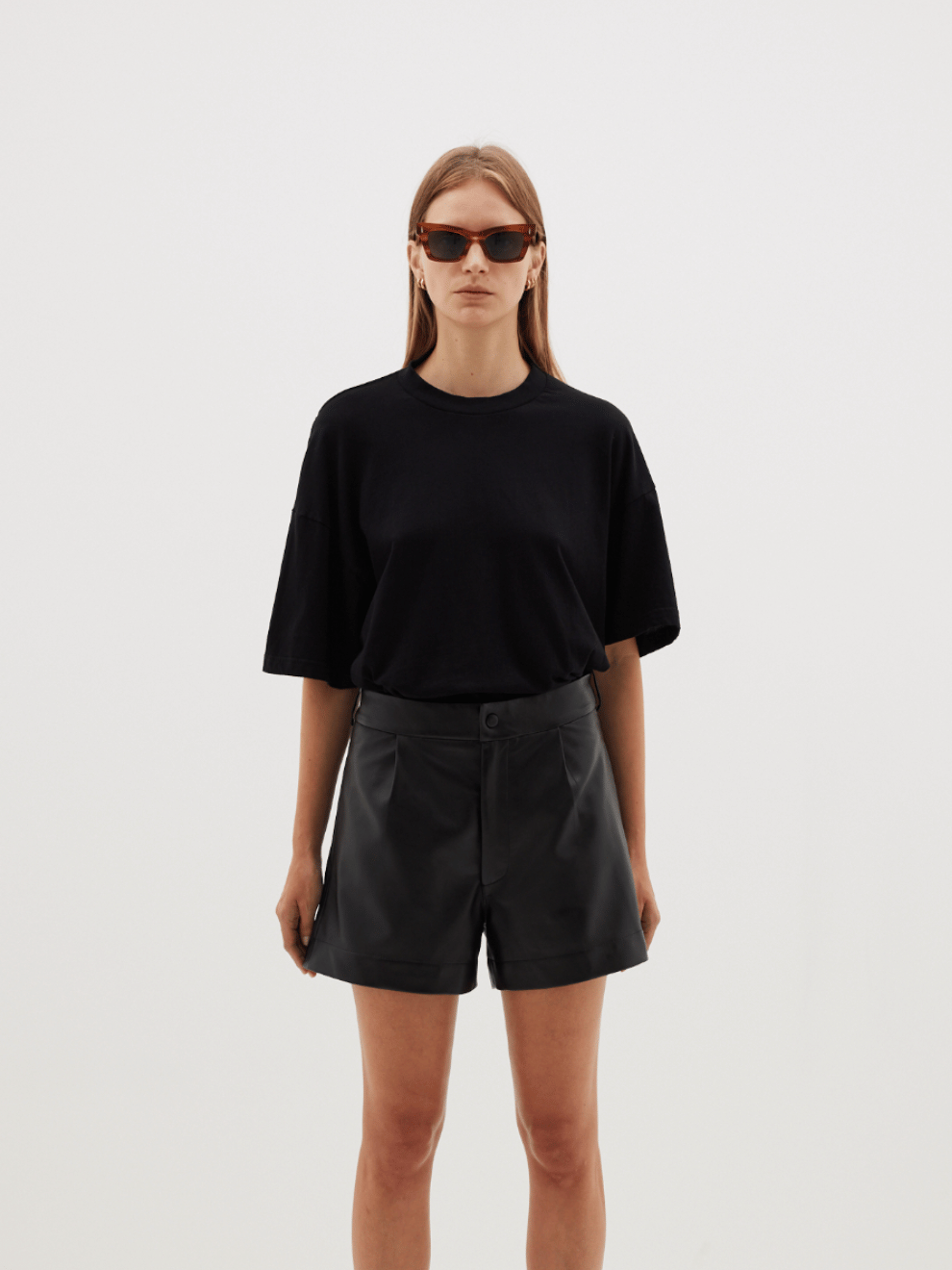 Pleated Mini Short in Black Leather