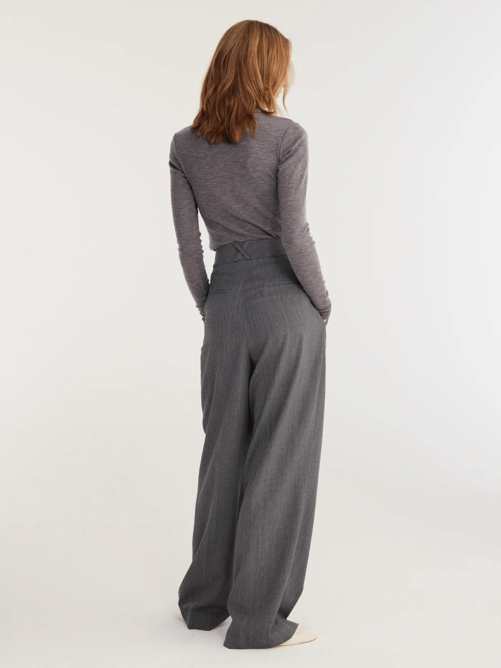 Wide Leg Double Pleated Trousers in Dark Grey Melange