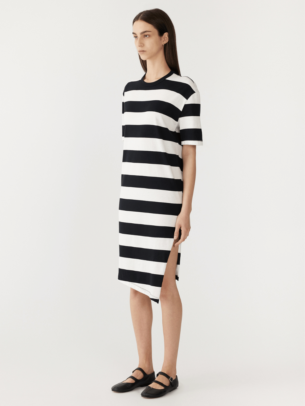 Stripe Side Split Short Sleeve Dress in Black