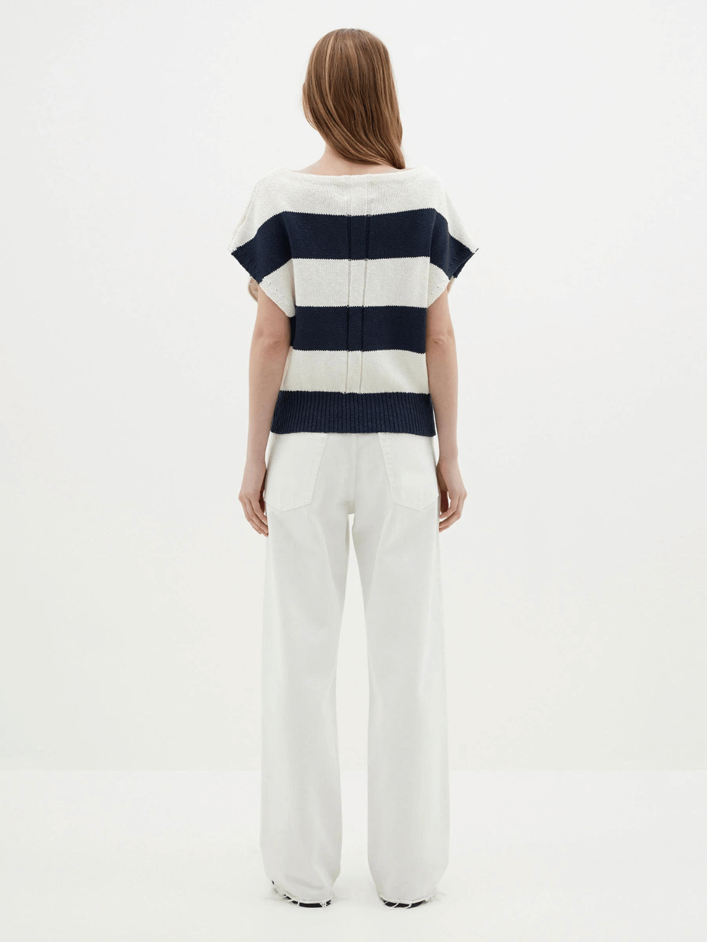 Boatneck Cap Sleeve Knit in Ink/Natural Stripe