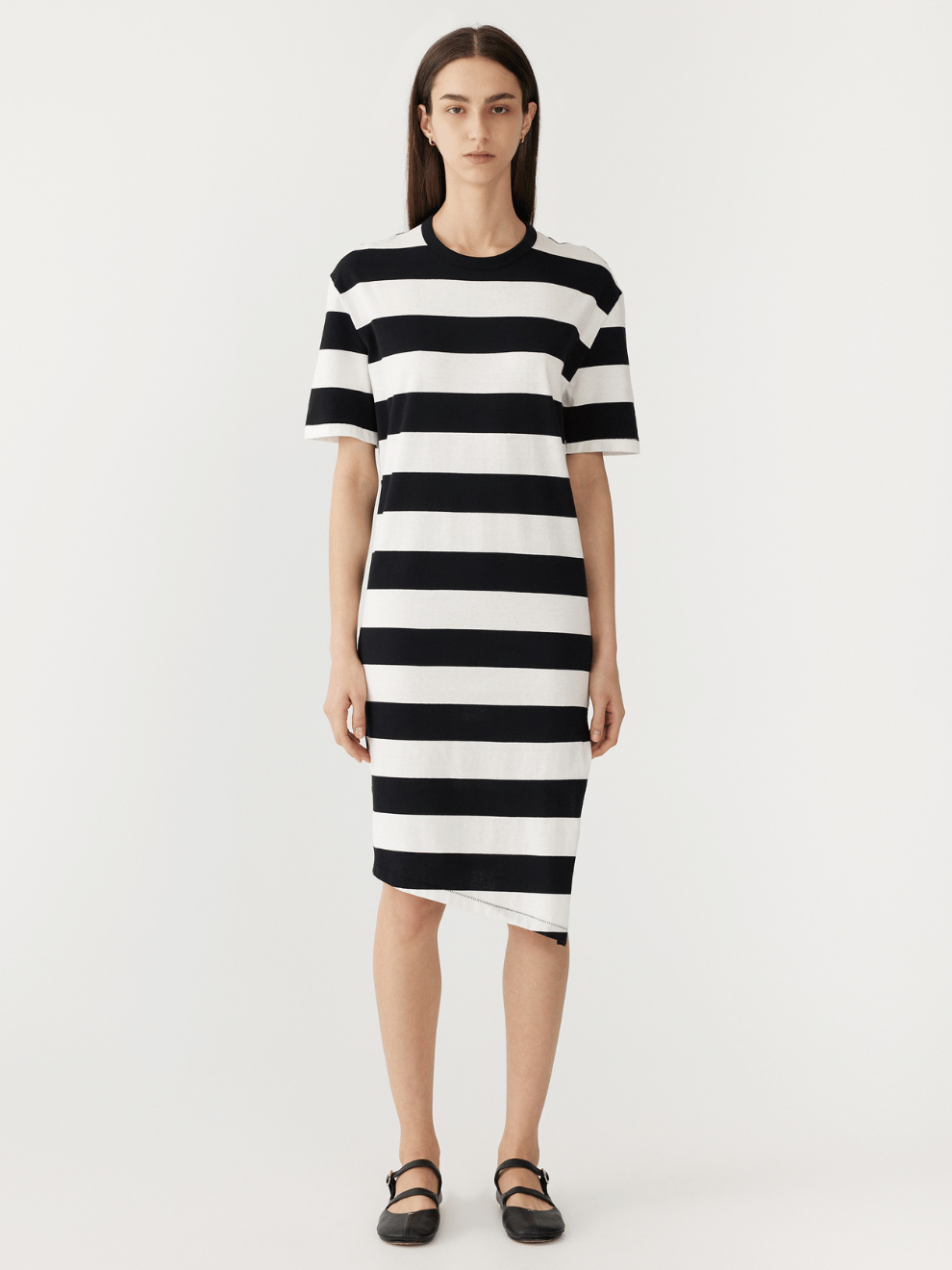 Stripe Side Split Short Sleeve Dress in Black