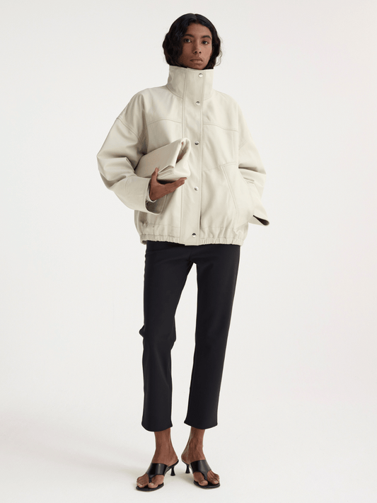 PRE-ORDER Leather Bomber Jacket in Chalk