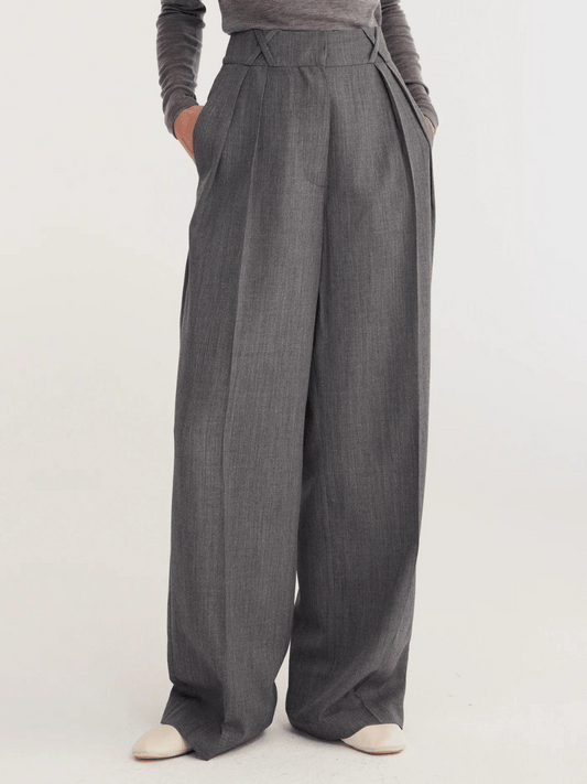 Wide Leg Double Pleated Trousers in Dark Grey Melange