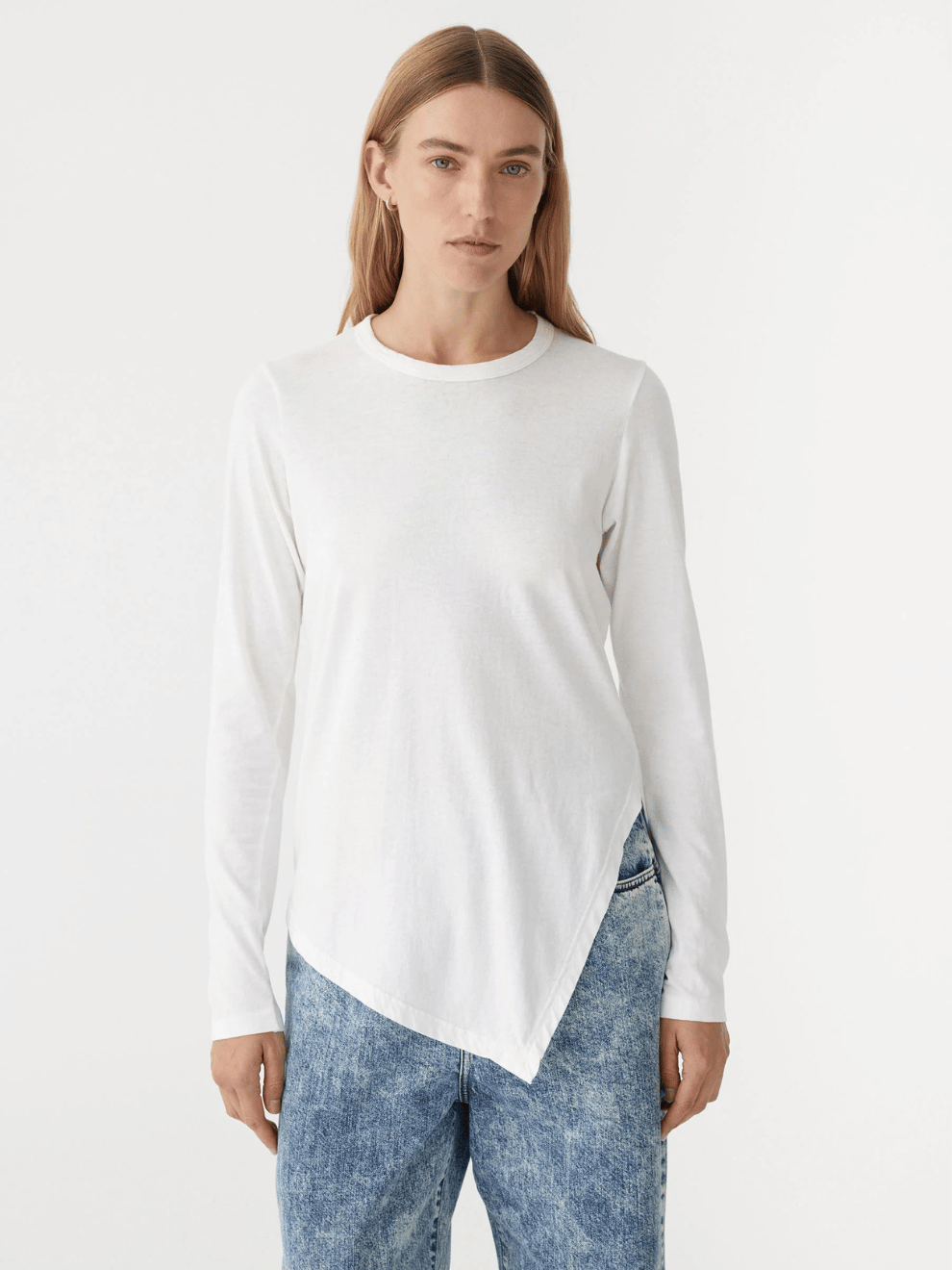 Asymmetric Split Long Sleeve T-Shirt in White