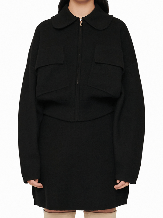 Camila Boiled Wool Knit Bomber in Black