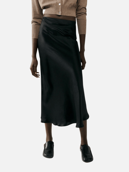 Long Bias Cut Skirt in Black Satin
