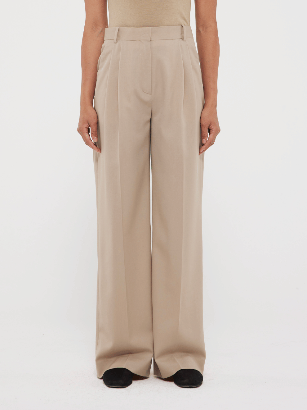 Wide Leg Pleated Trousers in Beige