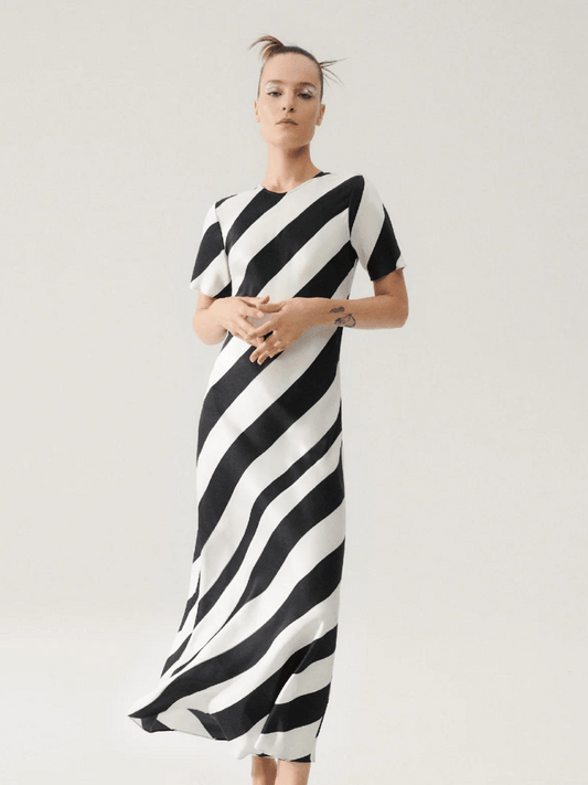 Short Sleeve Bias Dress in Puffin Stripe
