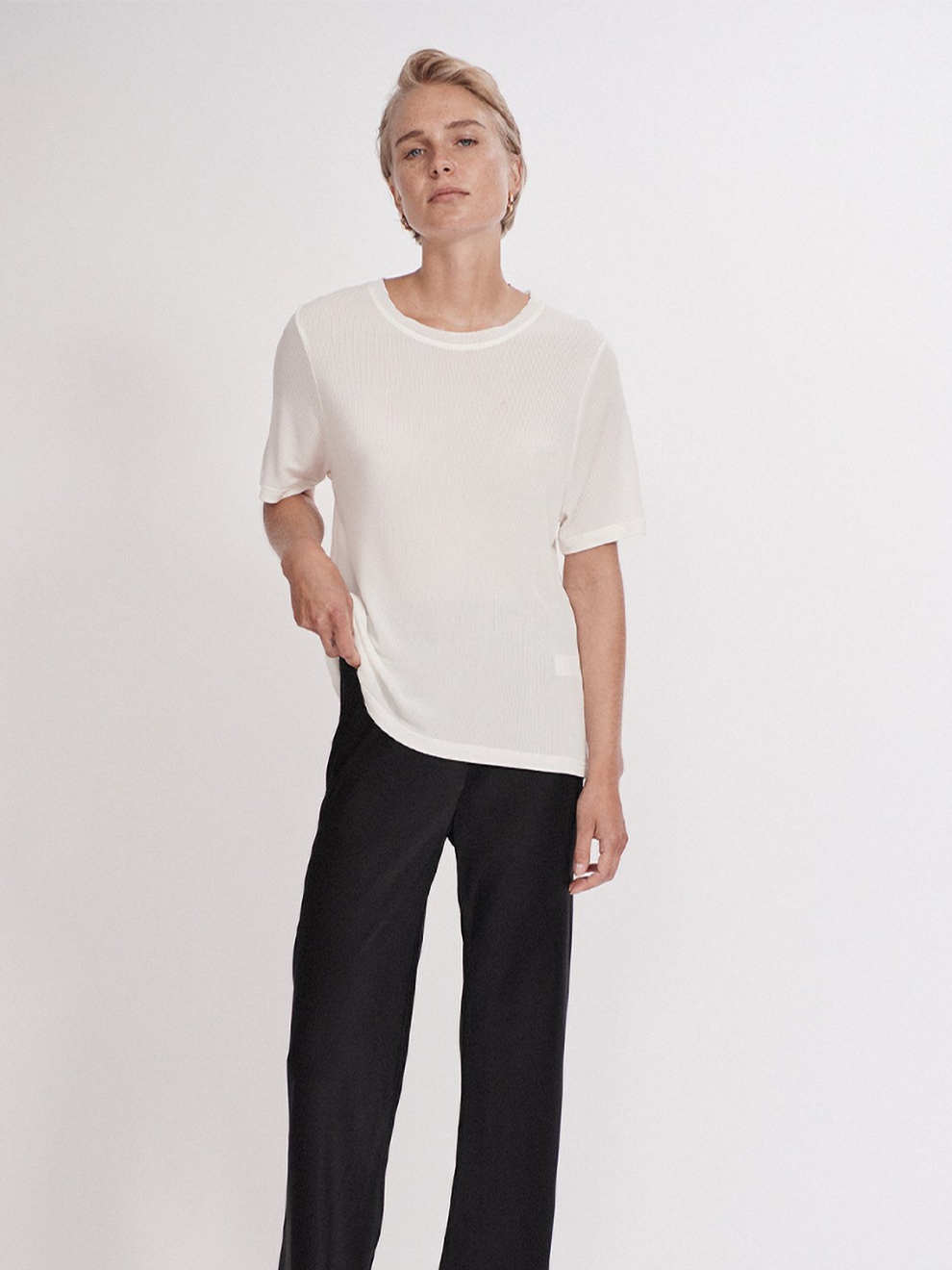 Silk White Ribbed T-shirt by Silk Laundry with Silk Black bias cut pants