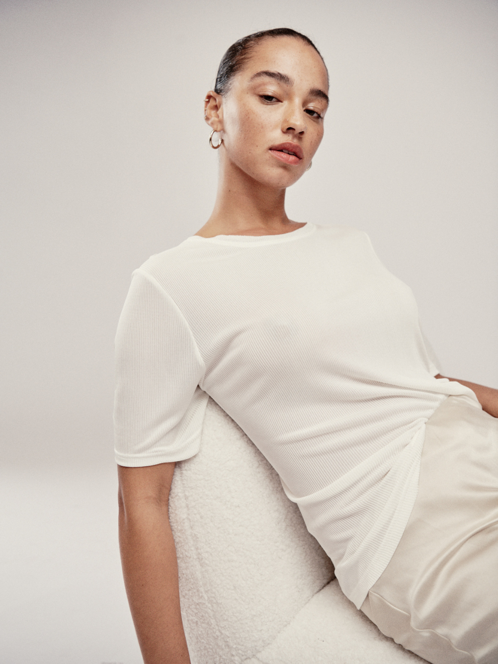 Silk White Ribbed T-shirt by Silk Laundry styled with Bias cut pants in Hazelnut.