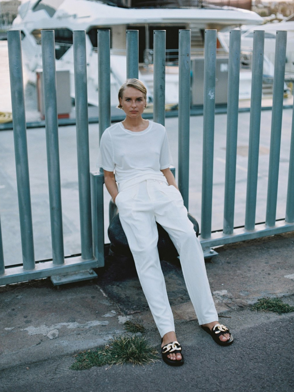 Silk White Ribbed T-shirt by Silk Laundry styled with Linen Pants in White for Monochromatic look.